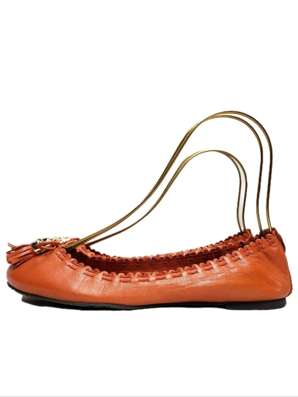 TORY BURCH Reese Mestico Tassel Flats Sz 8 Orange Leather Scalloped Stretch